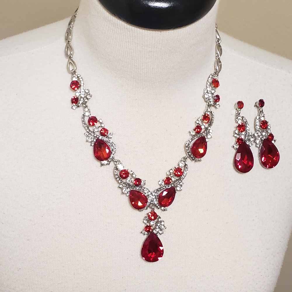 Glass Ruby Sterling Silver Necklace/Earring set